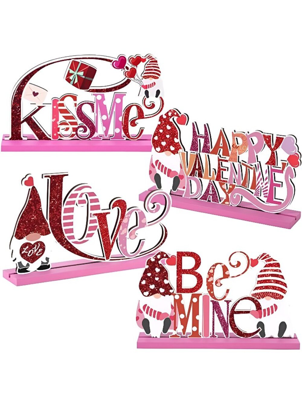 4 Pcs Wooden Cnomes Kiss Me Signs, Be Mine Signs with Pink Hearts